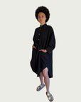 Linen Midi Shirt Dress in Black
