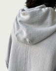 Rear view of double layered hood on Organic Contoured Cotton A.D.C. Hoodie in Porcelain.