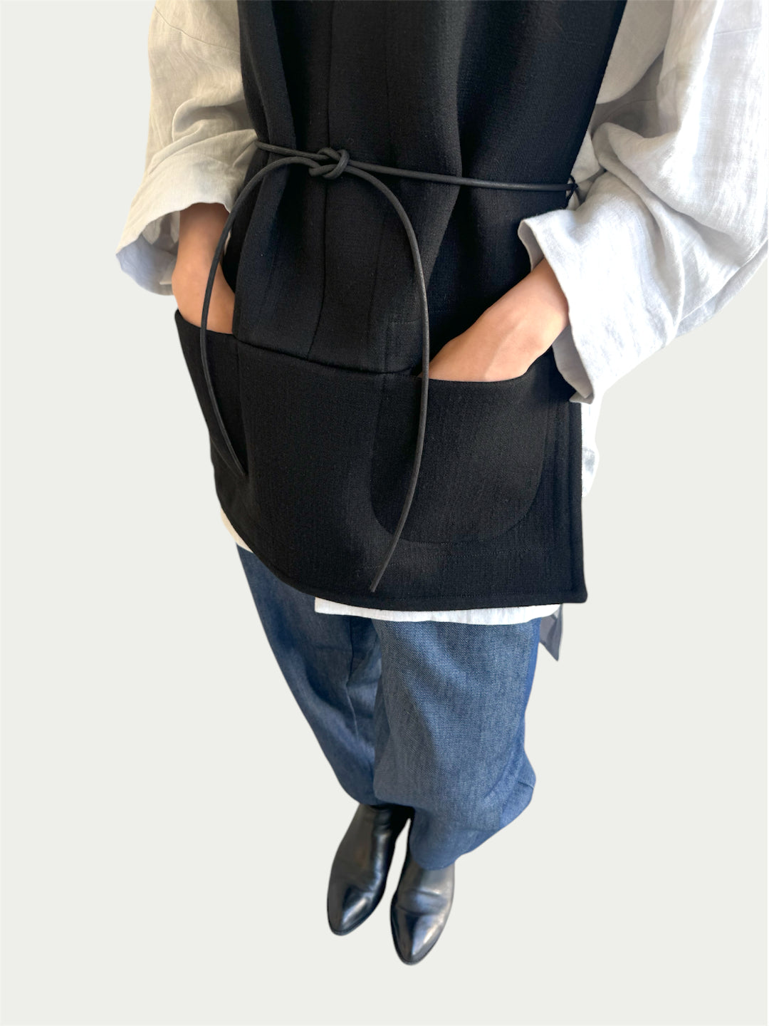 Pocketed Wool Draped Vest in Black