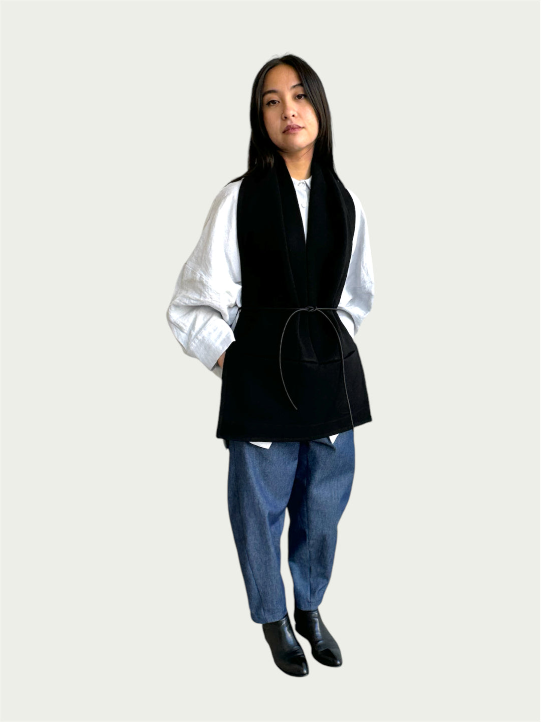 Pocketed Wool Draped Vest in Black