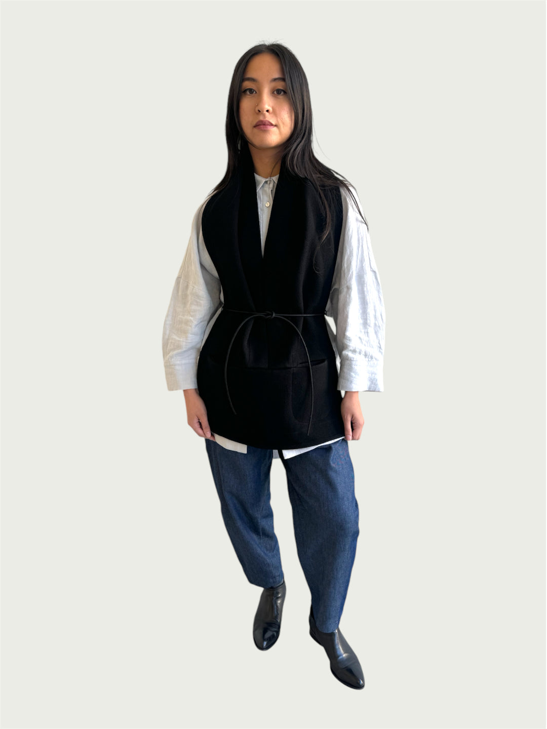 Pocketed Wool Draped Vest in Black