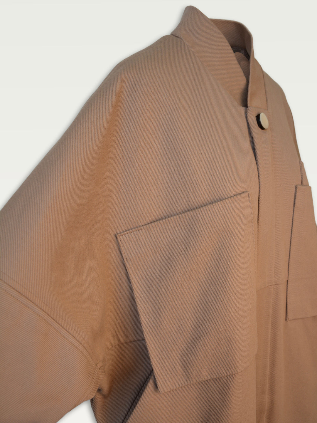Hoi bo Fall 2022 cotton twill, knee length coat in Camel colour - drop shoulder detail 
