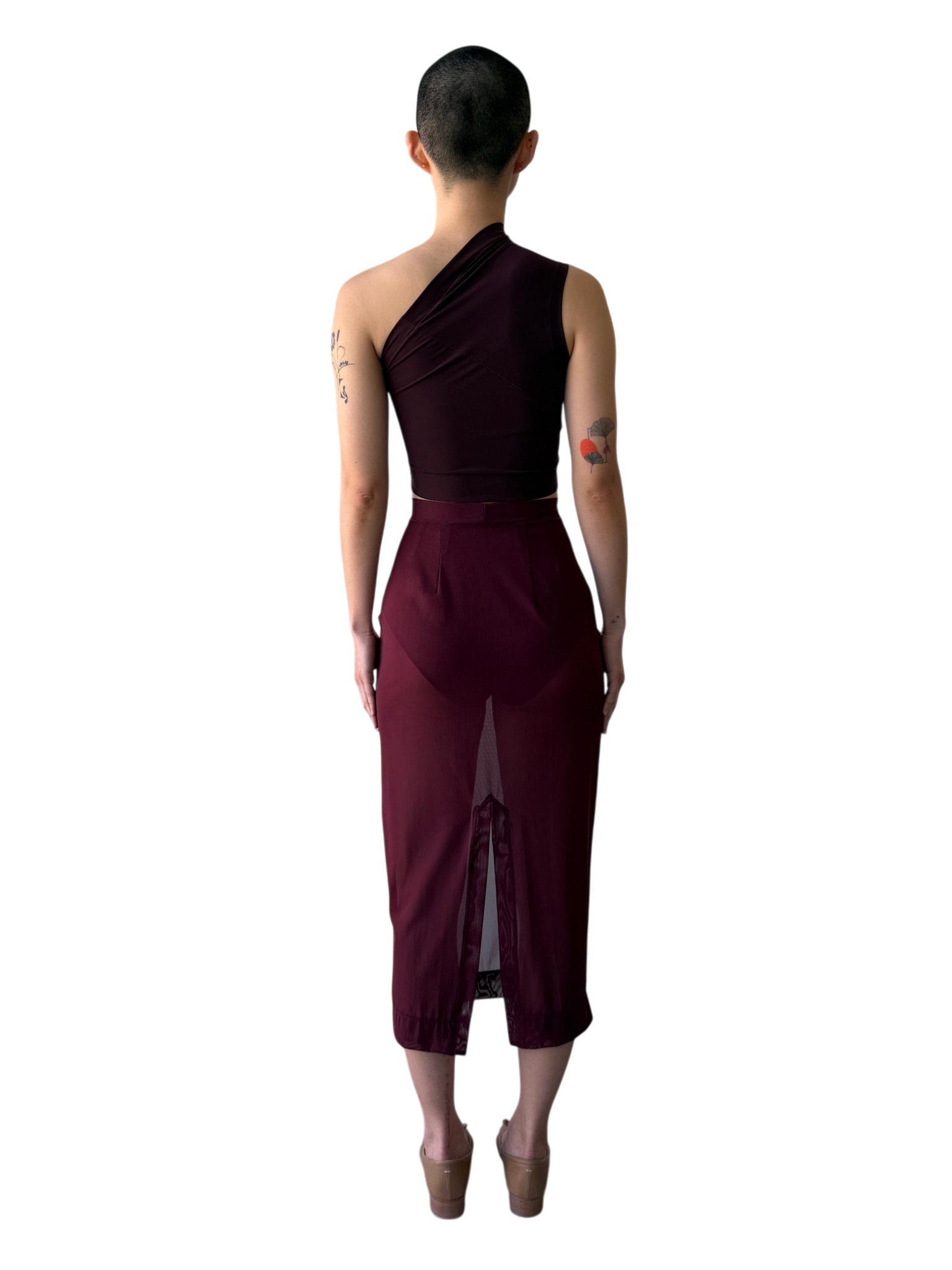 Mesh Maxi Pencil Skirt in Burgundy