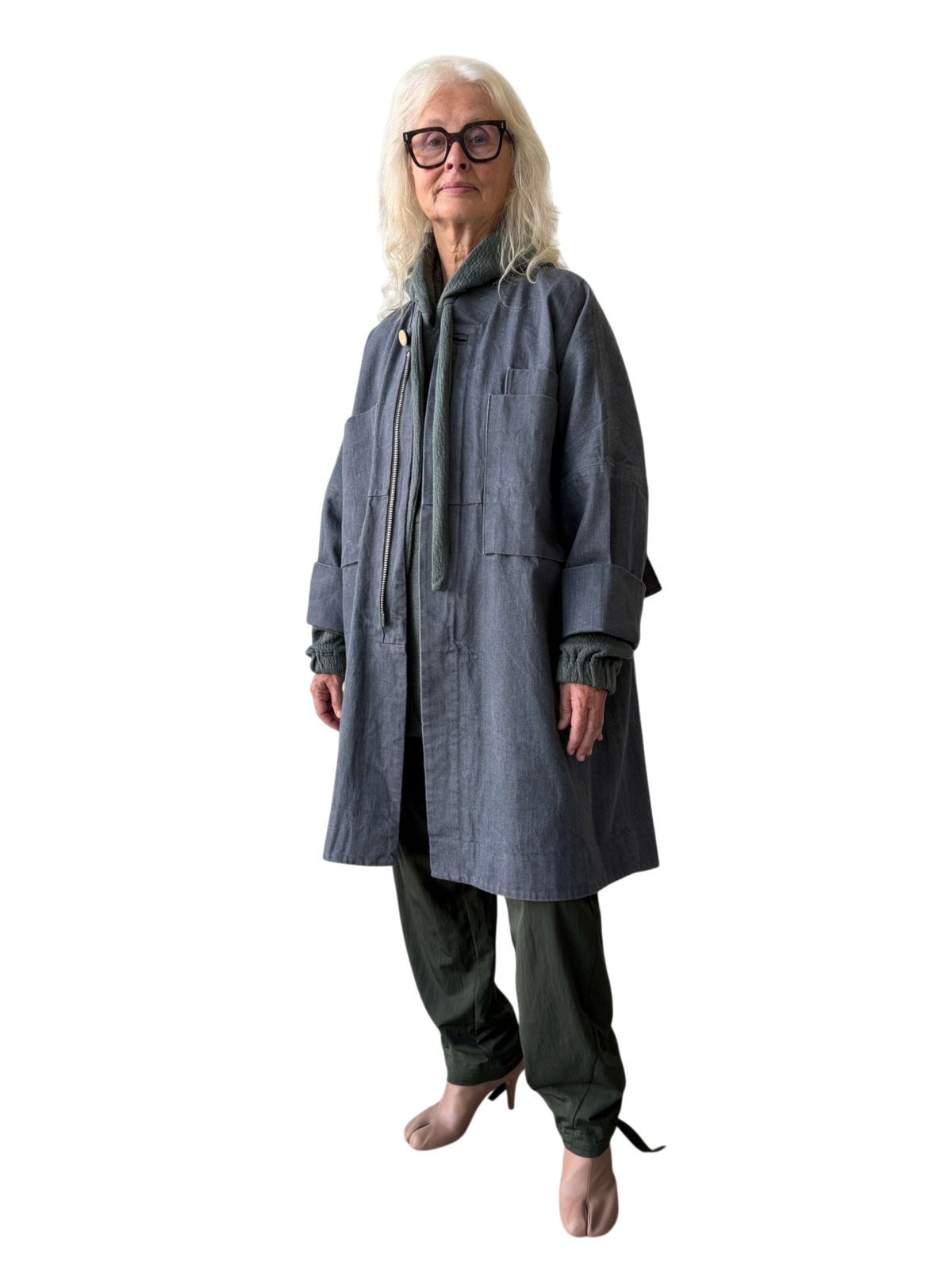 Japanese Denim Parachute Overcoat in Wet Cement