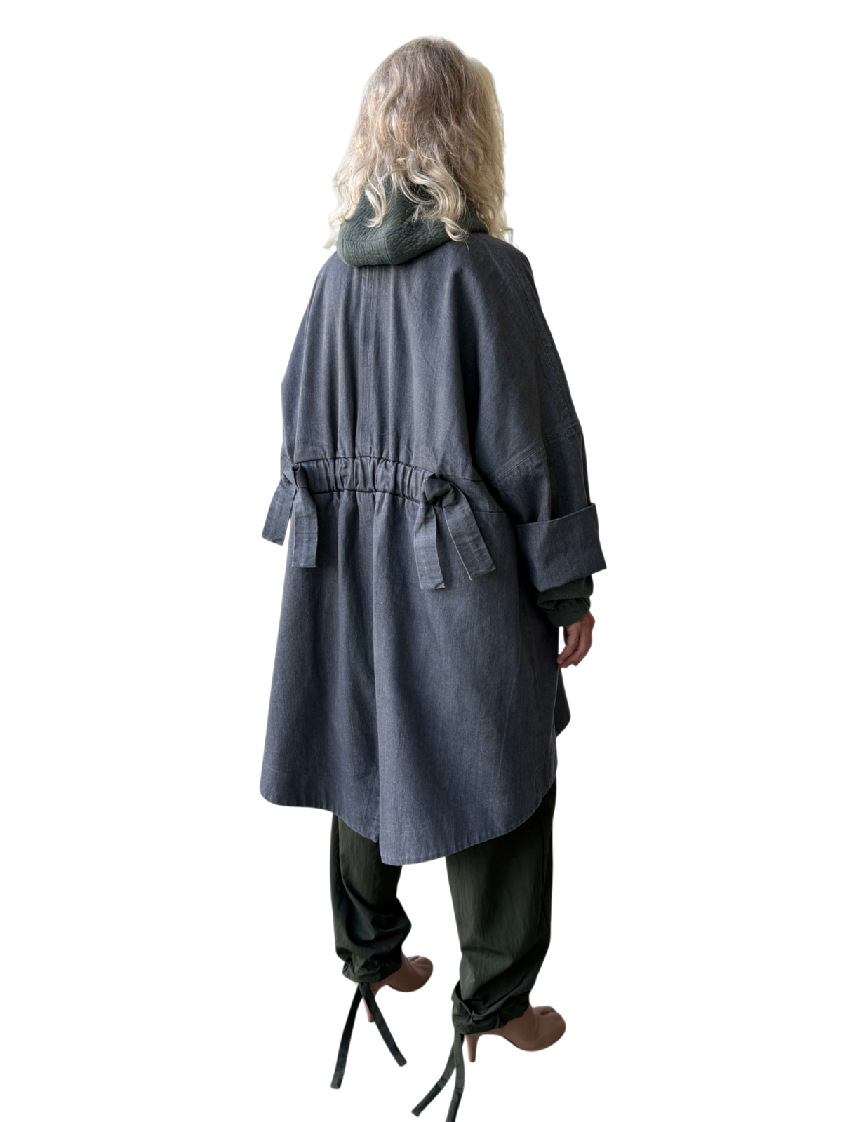 Japanese Denim Parachute Overcoat in Wet Cement
