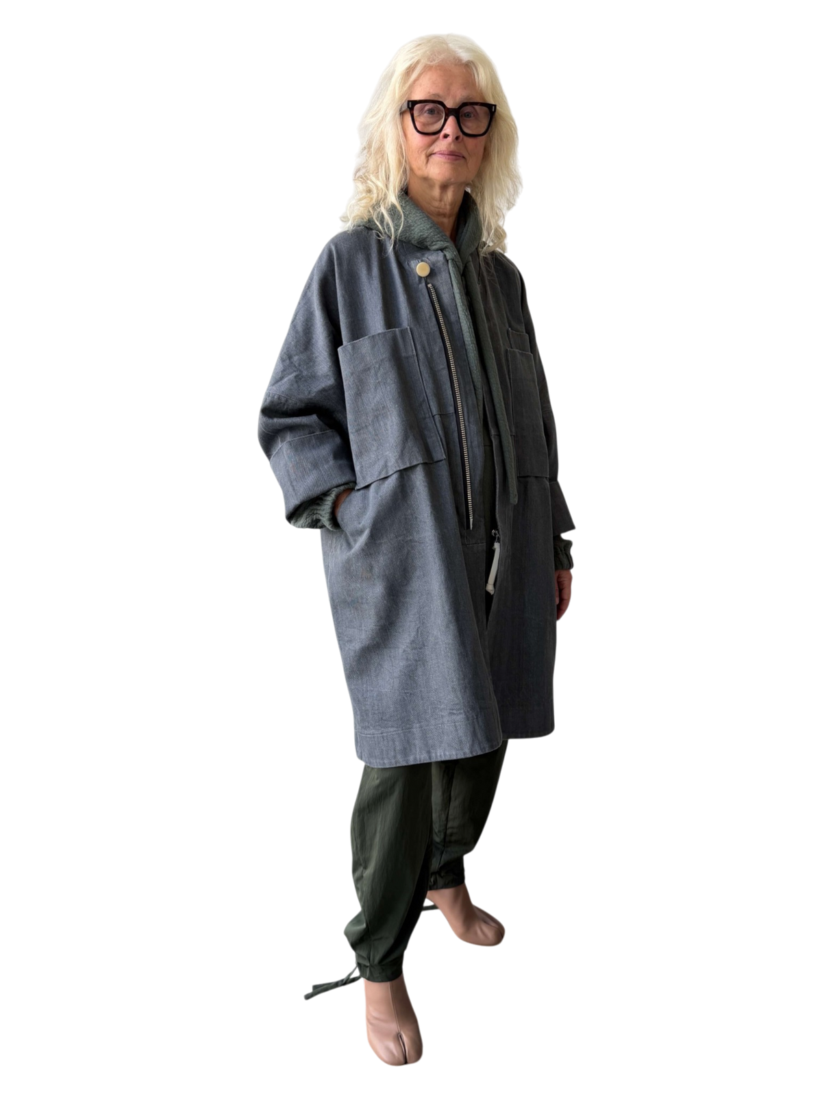 Japanese Denim Parachute Overcoat in Wet Cement