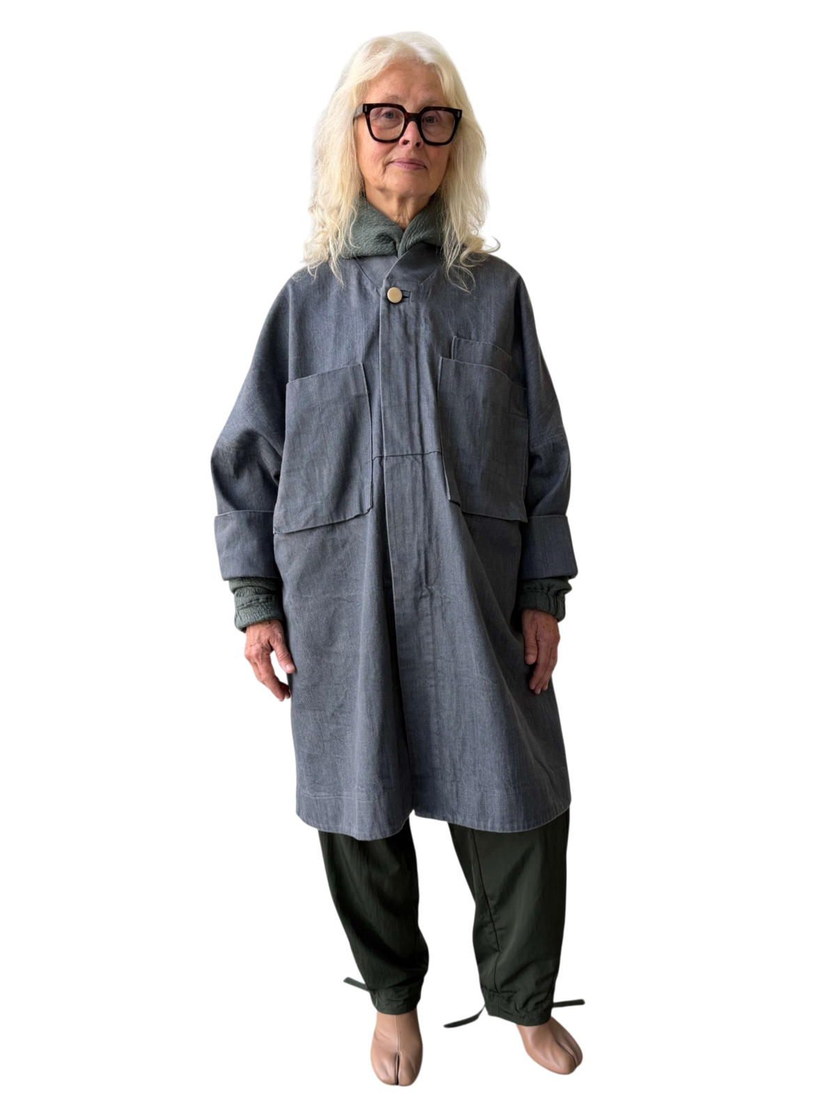 Japanese Denim Parachute Overcoat in Wet Cement