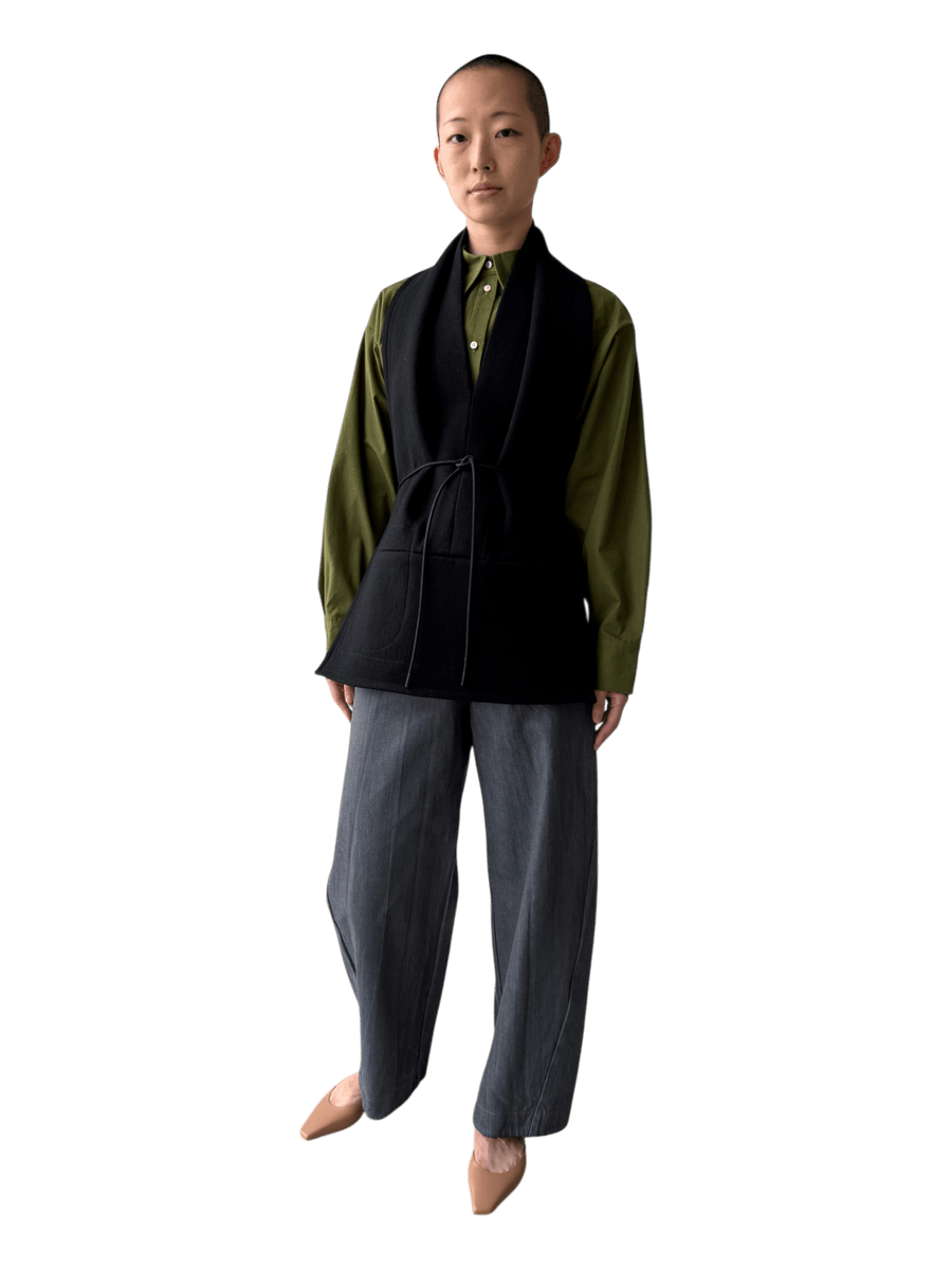 Pocketed Wool Draped Vest in Black