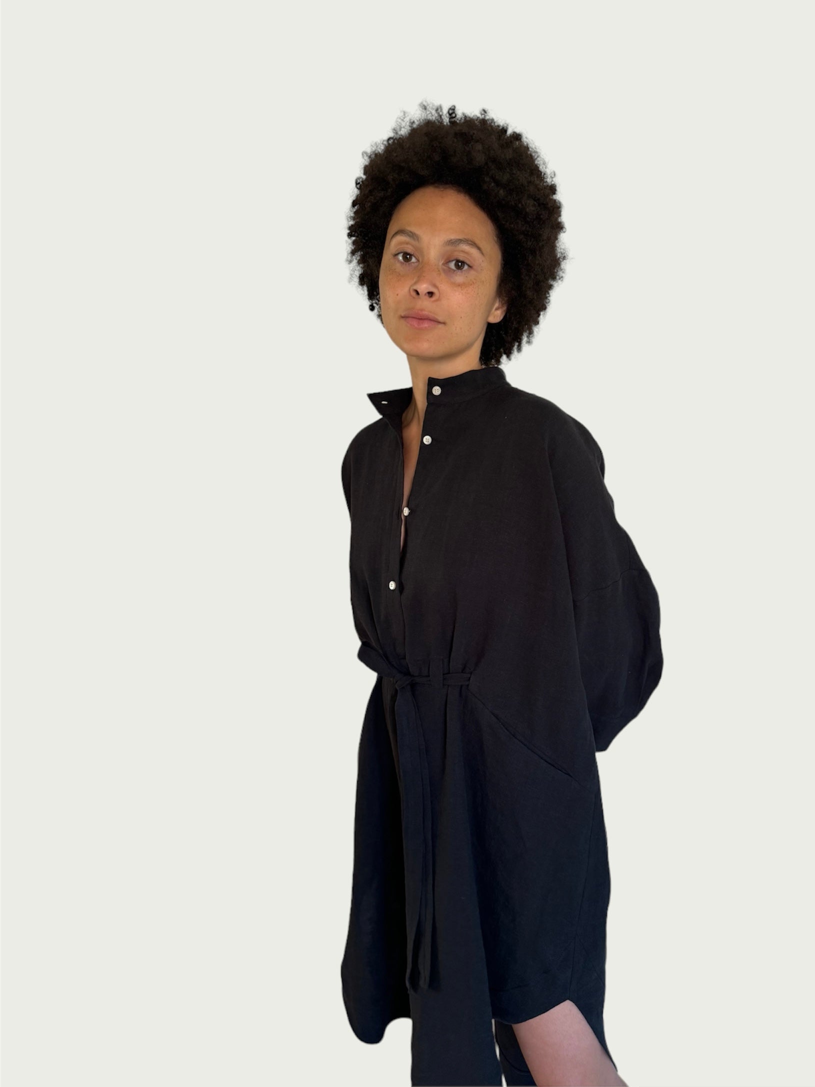 Linen Midi Shirt Dress in Black