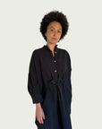 Linen Midi Shirt Dress in Black
