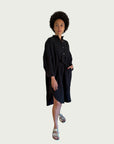 Linen Midi Shirt Dress in Black