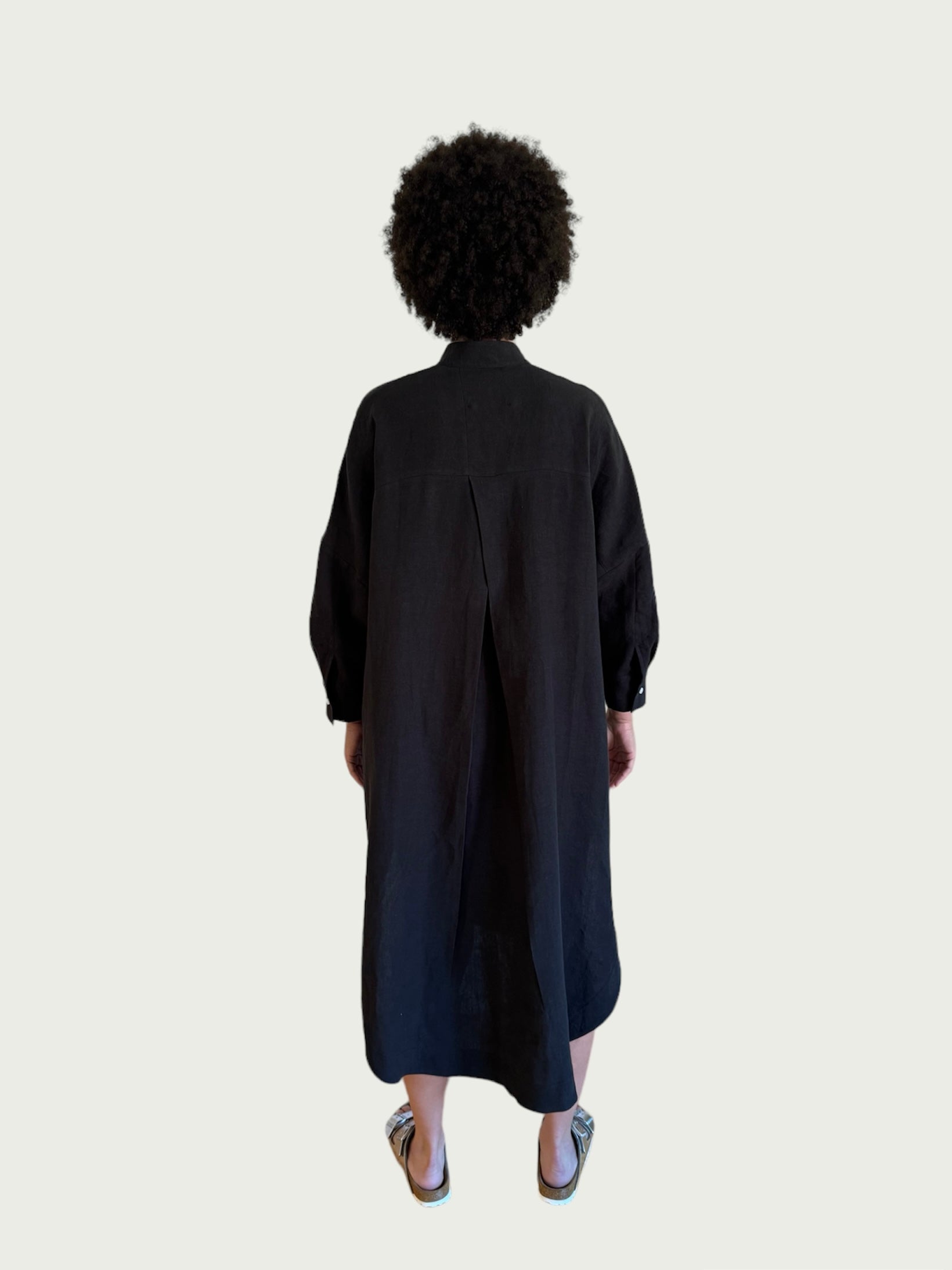 Linen Midi Shirt Dress in Black
