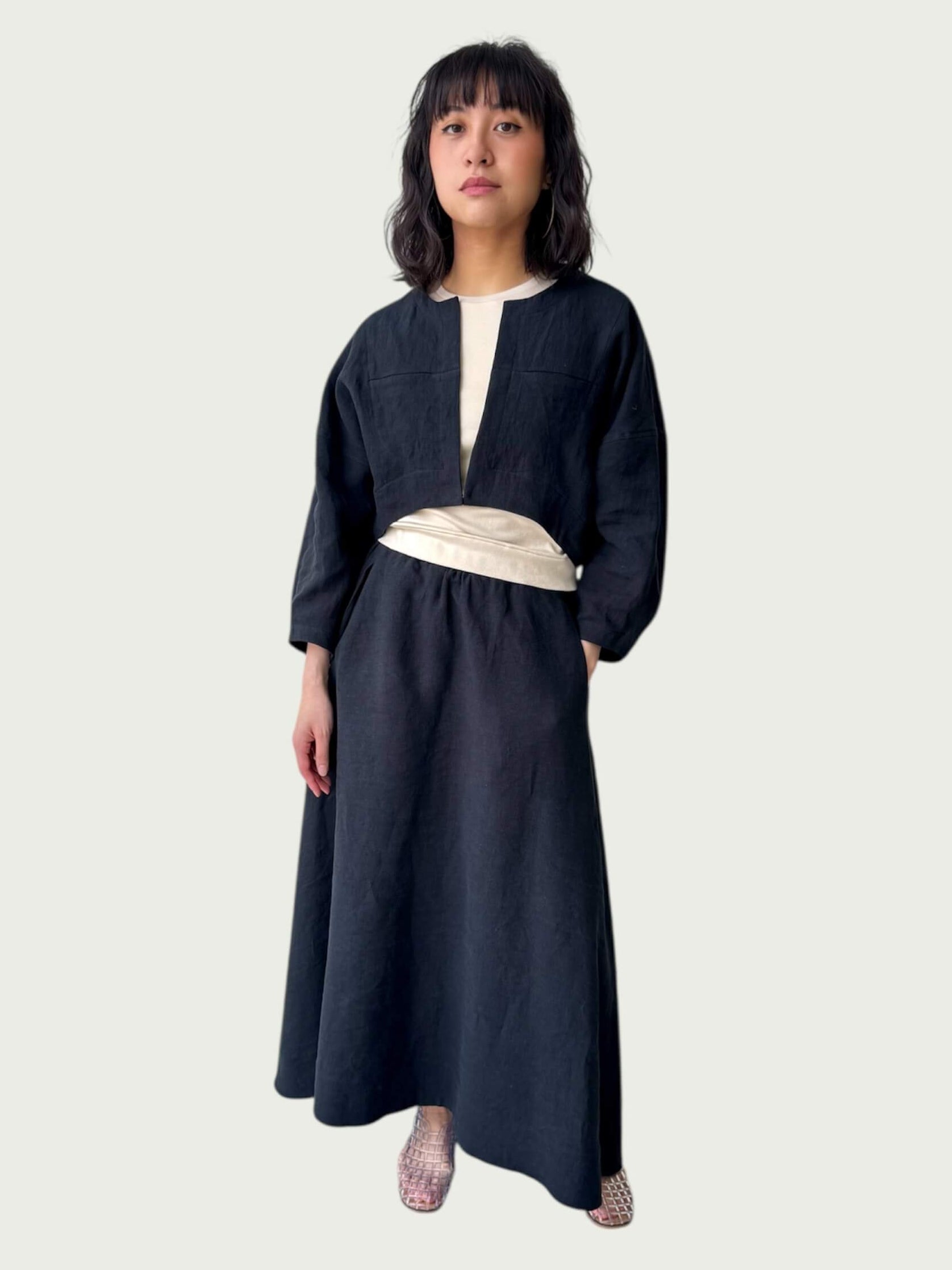Linen Contoured Bolero Jacket in Brushed Black
