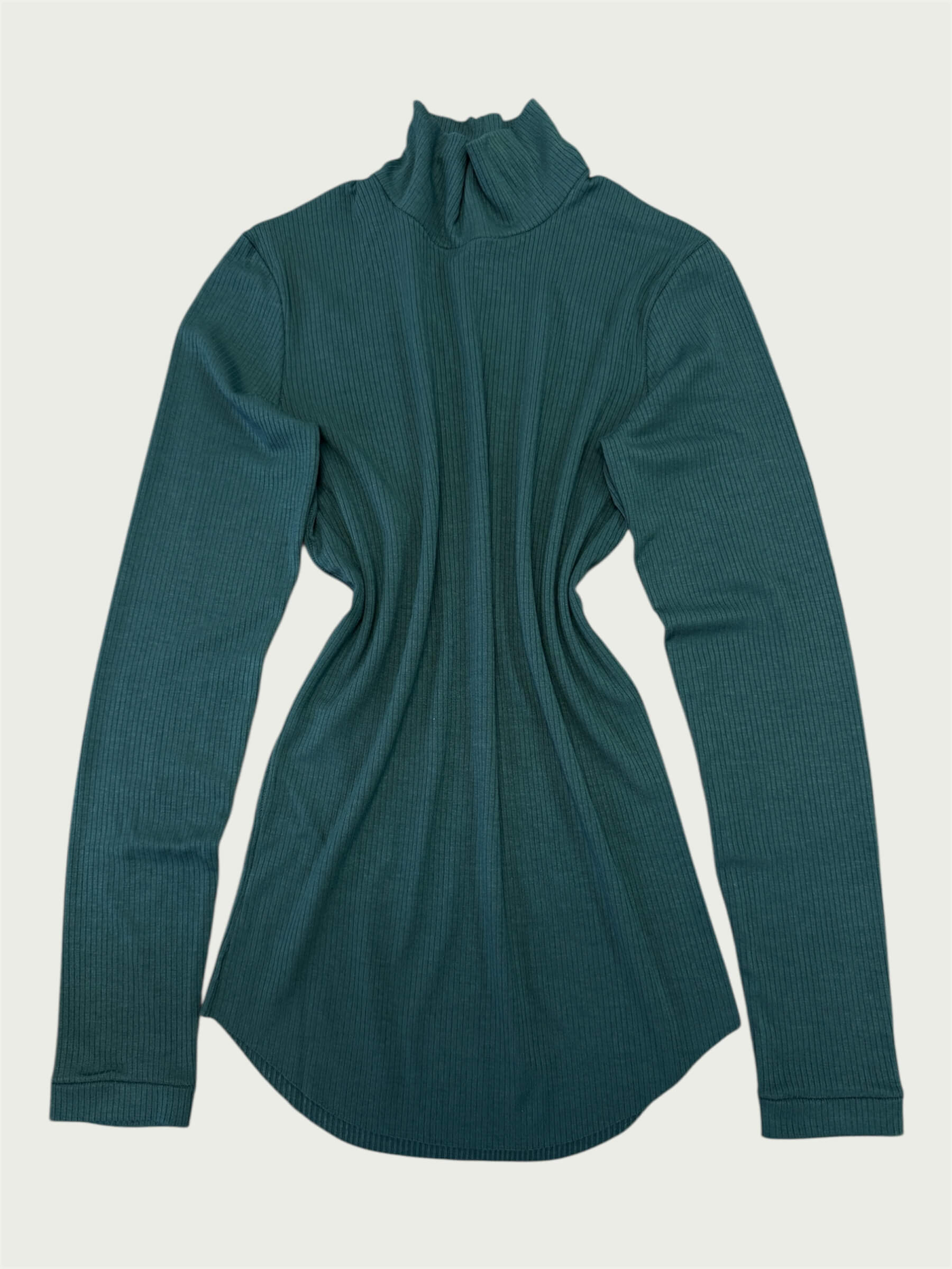 Flat lay of Ribbed Mock Neck Shirttail Top in Silver Pine, featuring its rounded shirttail hem.