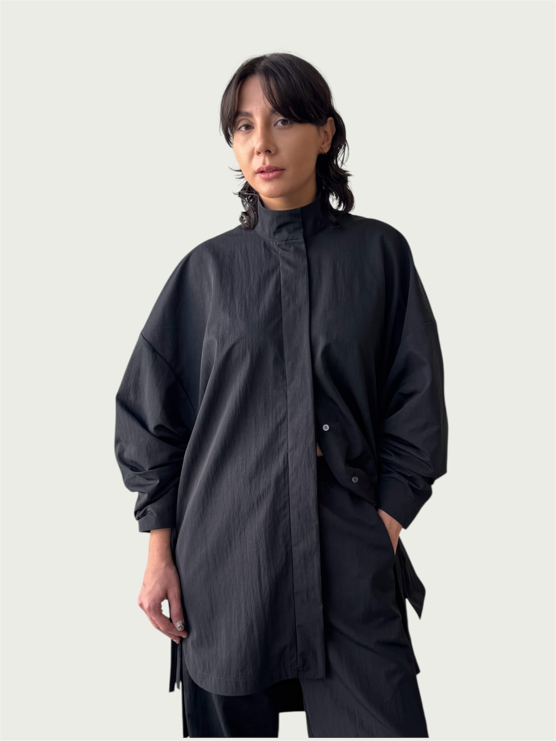 Air Loom Integral Button Up Long Shirt in Black