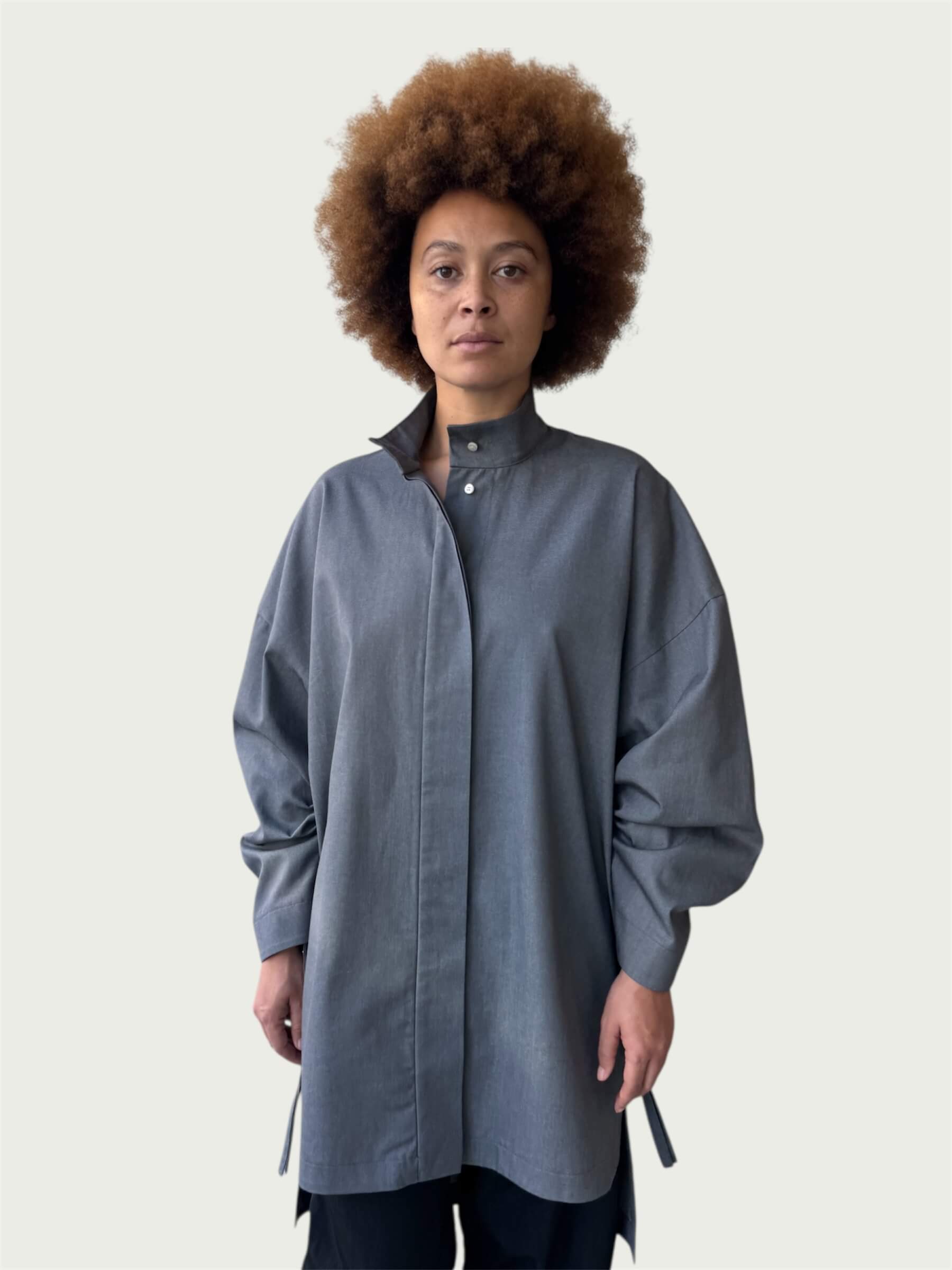Japanese Denim Integral Button Up Long Shirt in Wet Cement