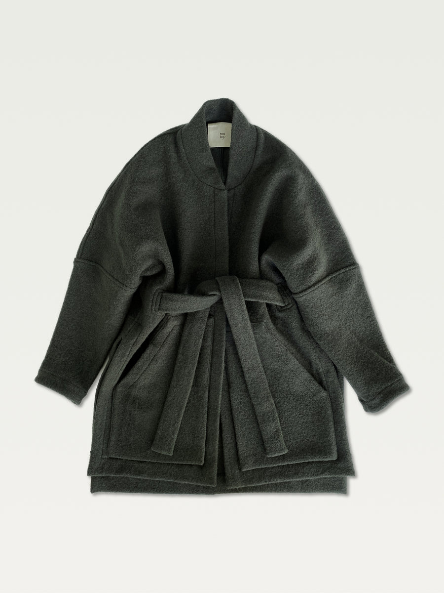 Boiled Wool A.D.C (All-day-cozy) Wrap Coat in Moss Green