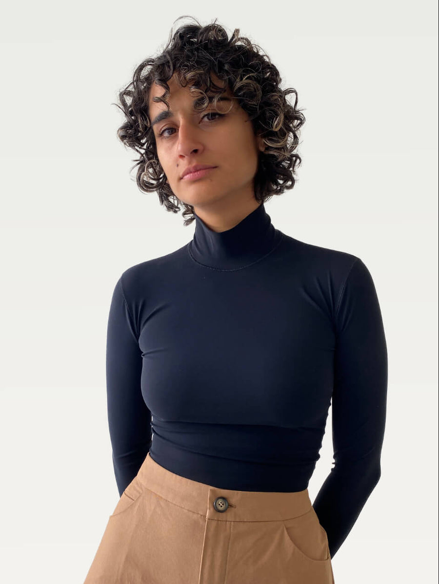 Technical Mock Neck Top in Absolute Black