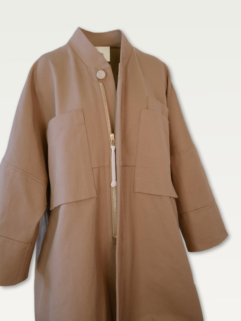 Hoi bo Fall 2022 cotton twill, knee length coat in Camel colour - oversized pocket detail 