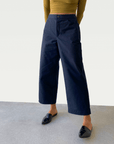 Cotton Wide-Leg Trouser in Deep Navy Blue